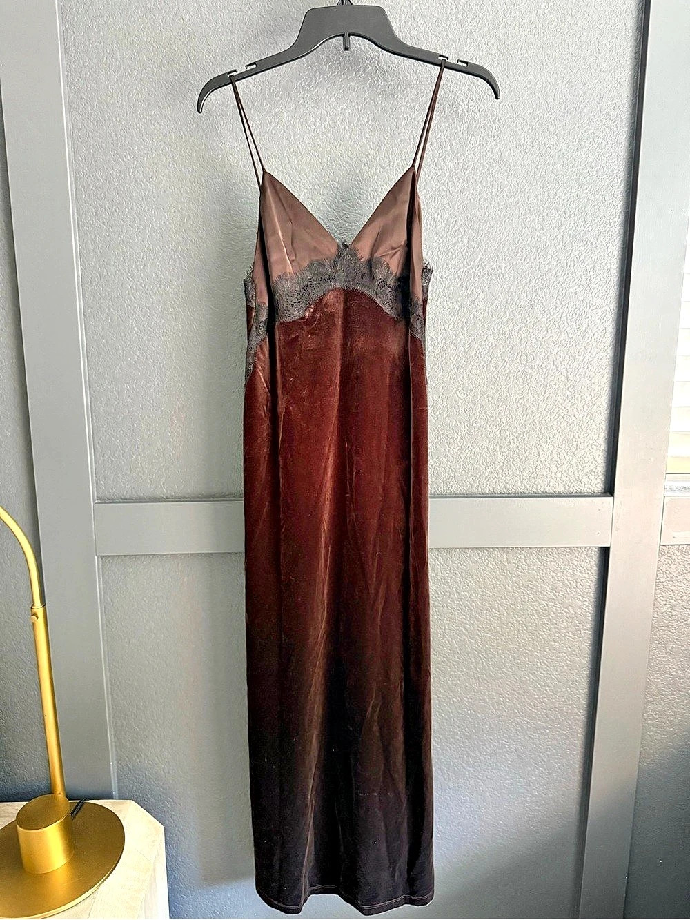 ZARA • Satin Velvet Lace mixed fabric chocolate brown slip midi dress Small